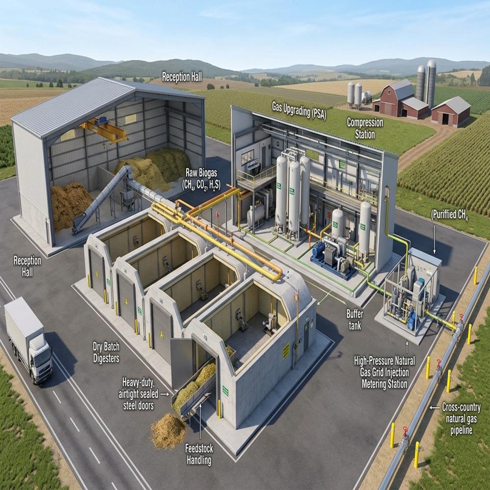 Industrial-scale Waste Management Animal Manure Biogas-Pneumatically Pulsed Plug Flow (Valorga Type) Inoculum Recycle Loop Anaerobic Digester Plant
