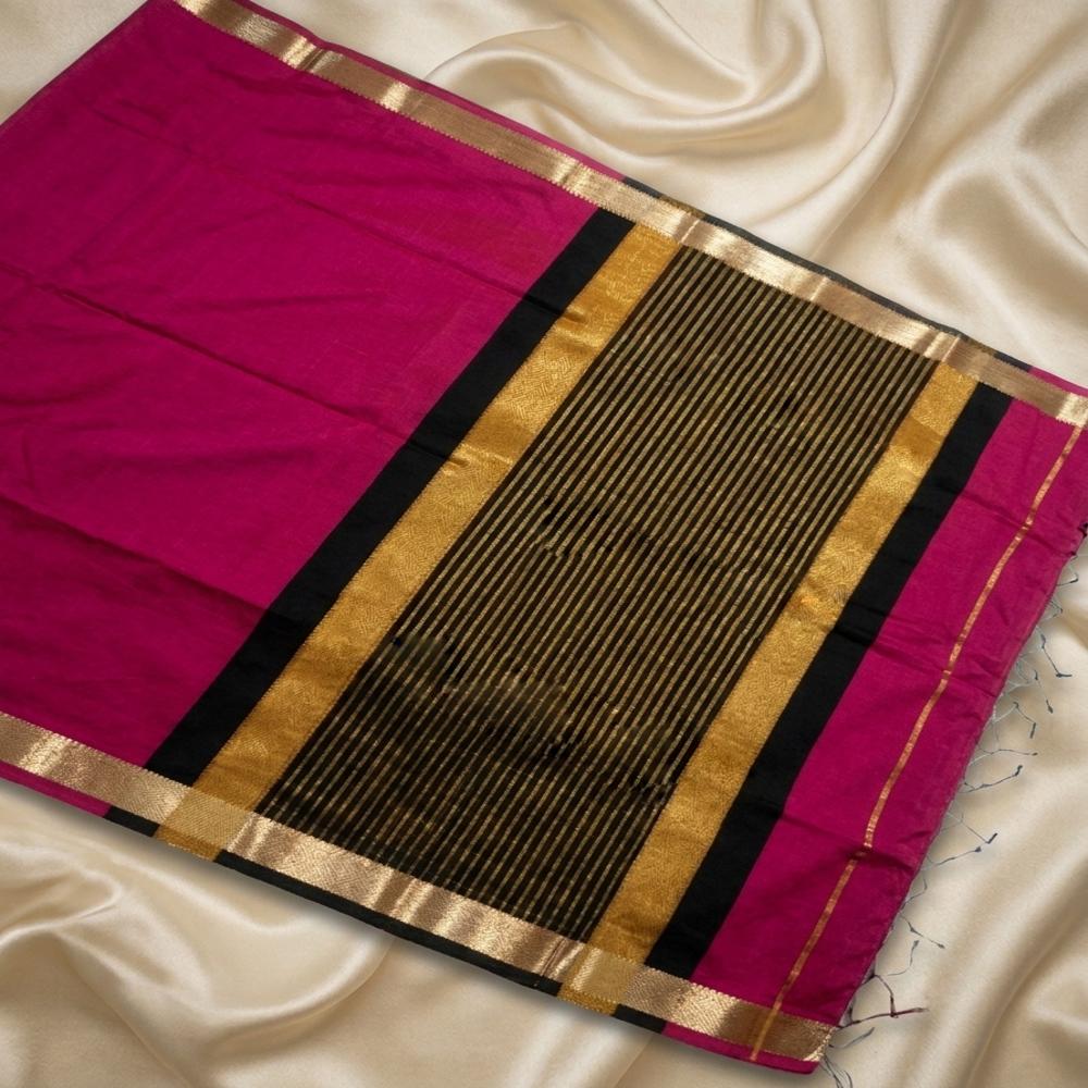 Banarasi cotton silk with antique floral zari border and striped pallu.