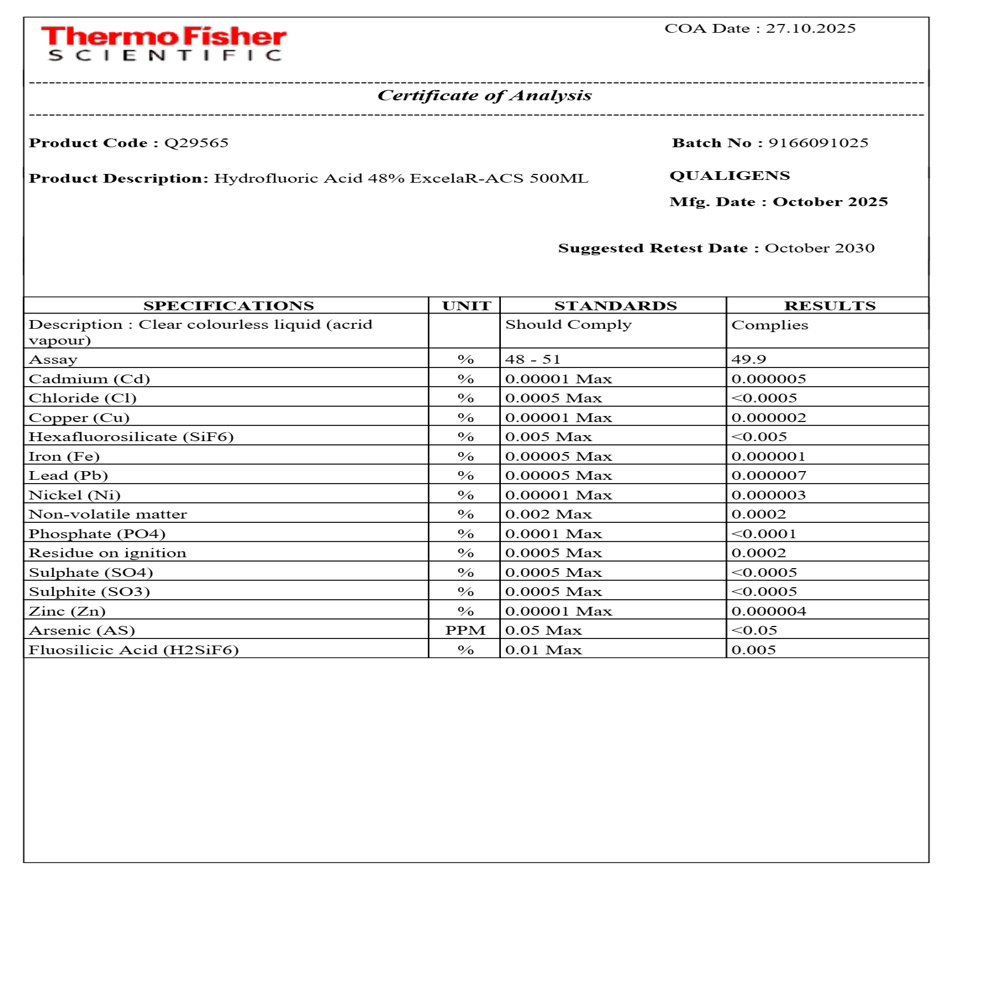 Hydrofluoric Acid 48% Ar - Boiling Point: 105 C