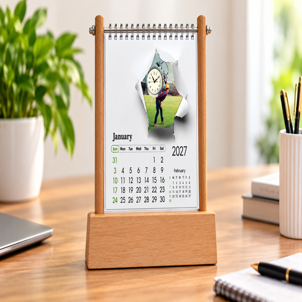 Jalan Im-1201 Wooden Stand Table Calendar - Color: Multicolour