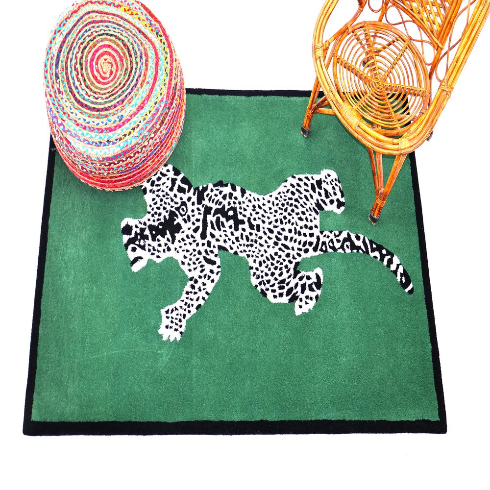 Green Leopard Printed Animal Rug Handmade Custom Area Rug Hand Tufted Rugs