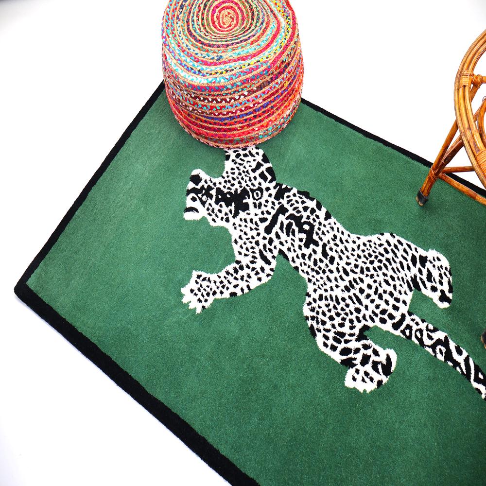 Green Leopard Printed Animal Rug Handmade Custom Area Rug Hand Tufted Rugs