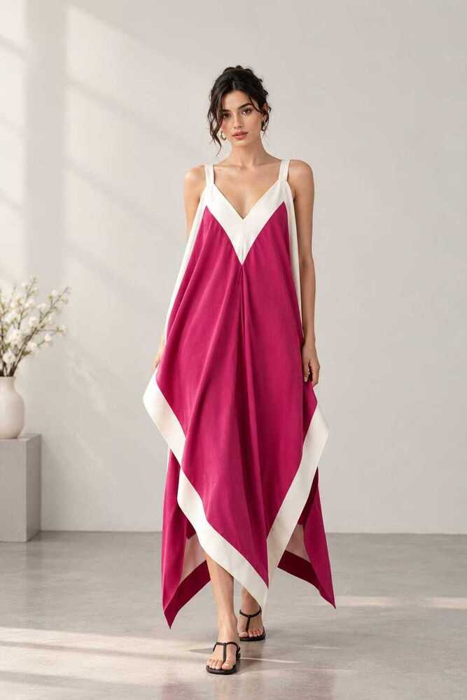 Fuchsia And White Color-block Maxi Dress