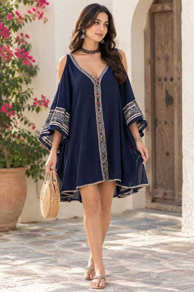 Boho Cold-shoulder Kaftan Mini Dress