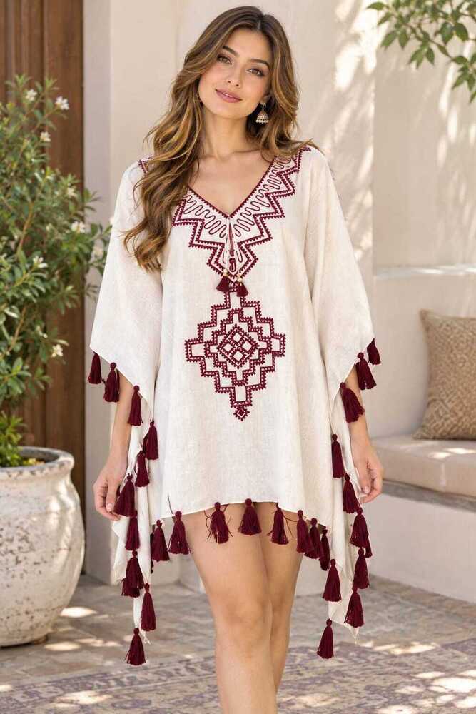 Boho Embroidered Tassel Tunic Dress