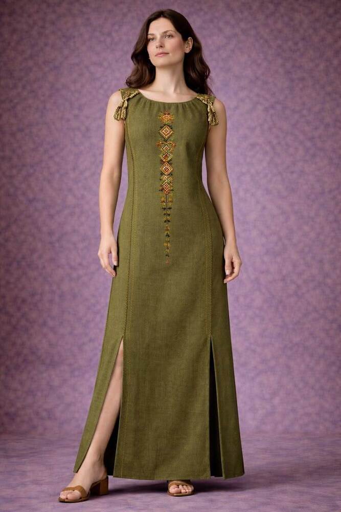 Olive Green Linen Maxi Dress Featuring Geometric Embroidery