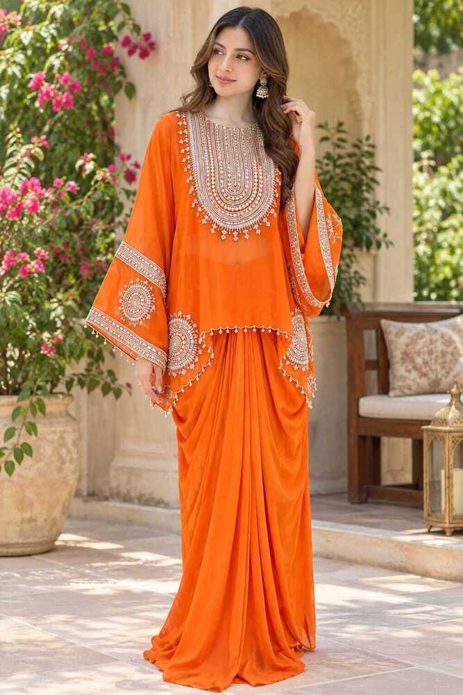 Orange Satin Sequin And Embroidery Worked Kaftan Style Top With Draped Skirt