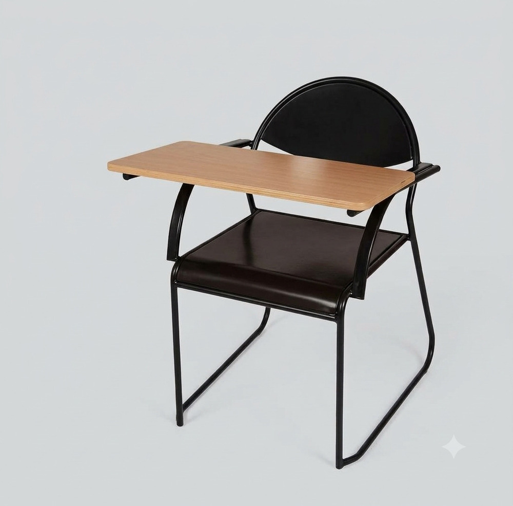 Black Metal Study Chair With A Wooden Writing Pad