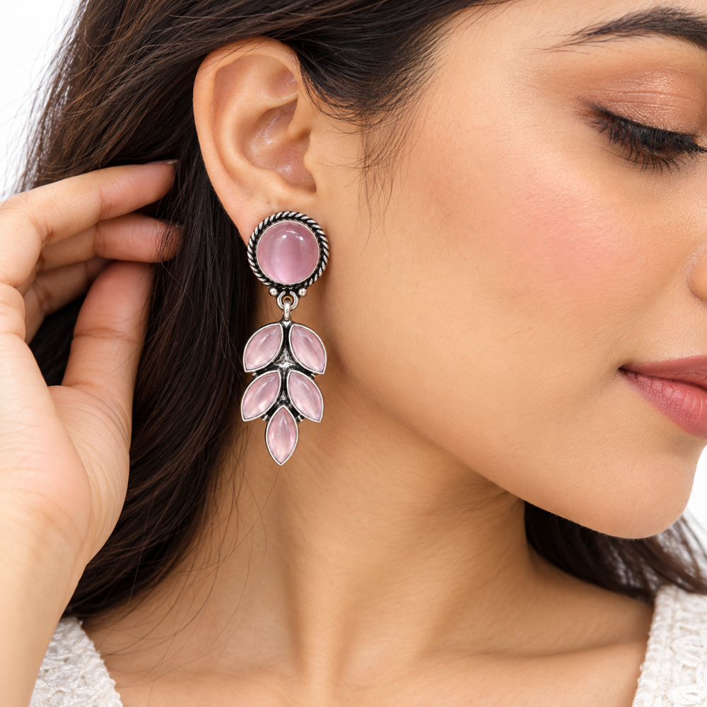 Artificial Brass Pink Stone Drop Earrings