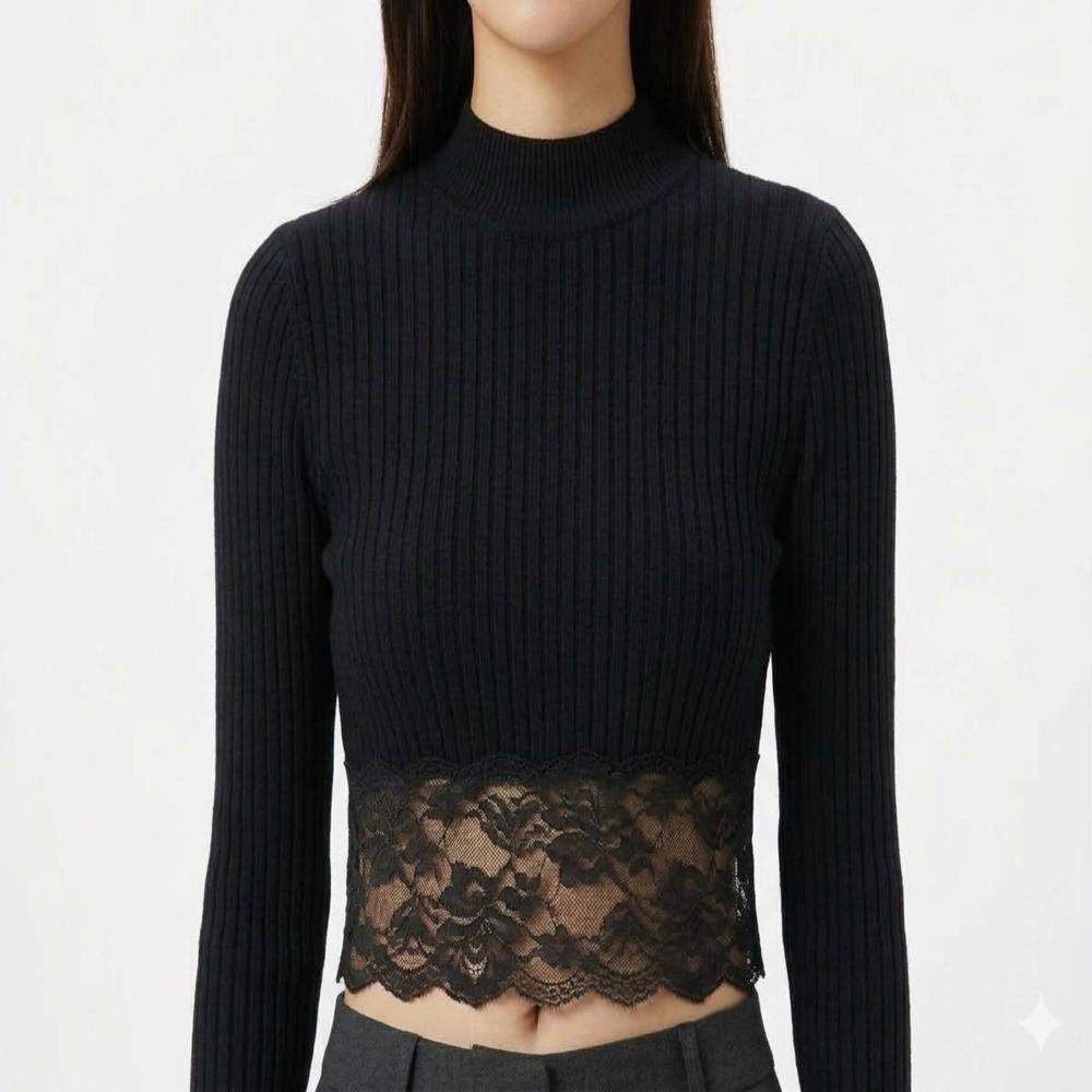Export Surplus Womens Ribbed Lace Hem High Neck Crop Top