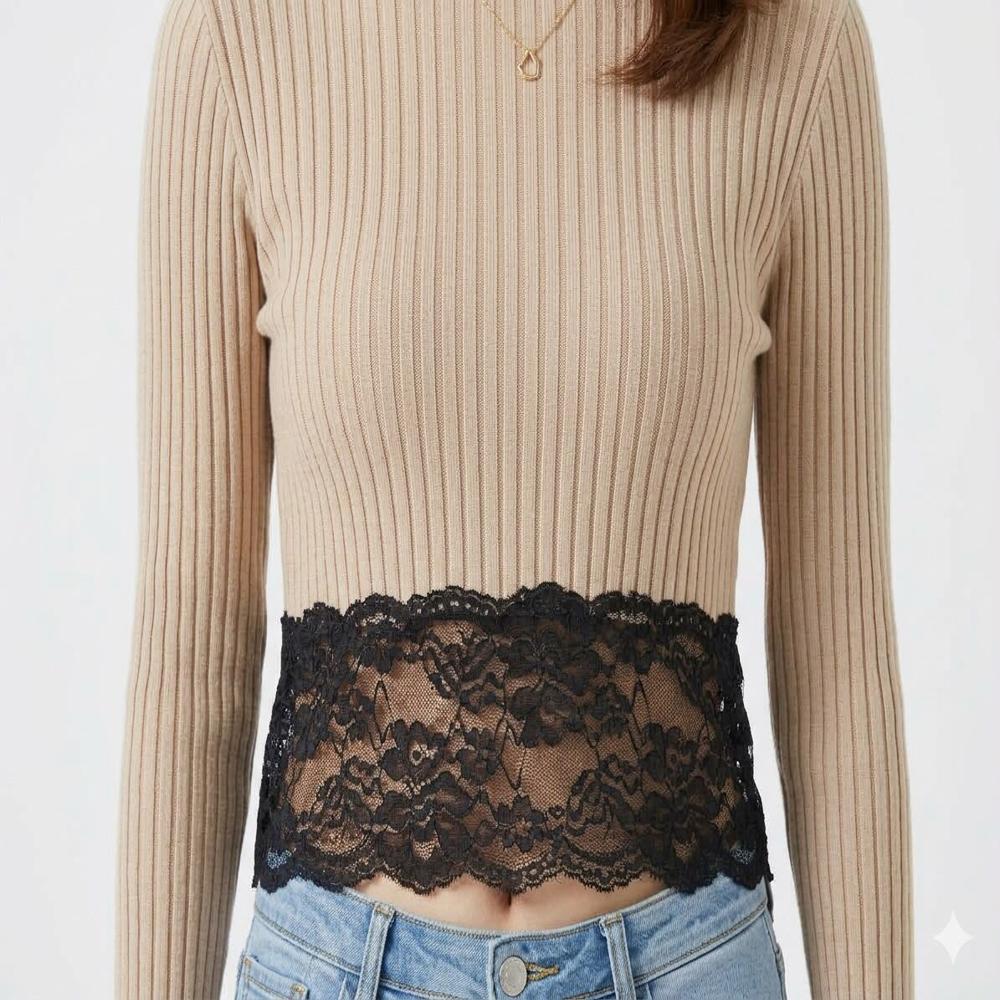 Export Surplus Womens Ribbed Lace Hem High Neck Crop Top