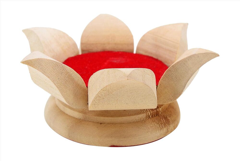 Red And Yellow Wooden Lotus Stand For Meru Shri Yantra