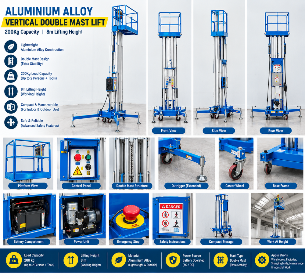 Aluminium Alloy Vertical Double Mast Lift 200Kg Capacity 8M Lifting Height - Feature: Compact