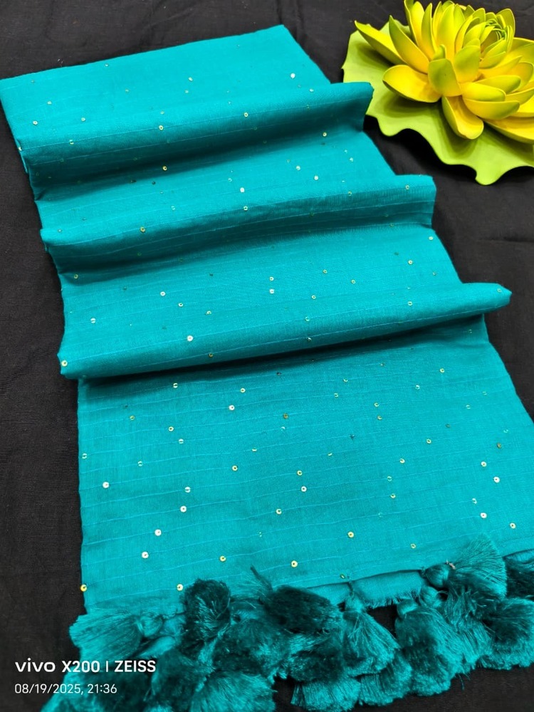 Handmade Sequence Cotton Saree - Color: Blue