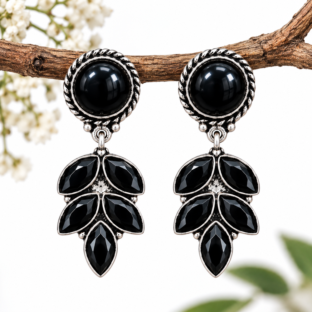 Oxidized Brass Black Stone Dangle Drop Earrings - Grade: A