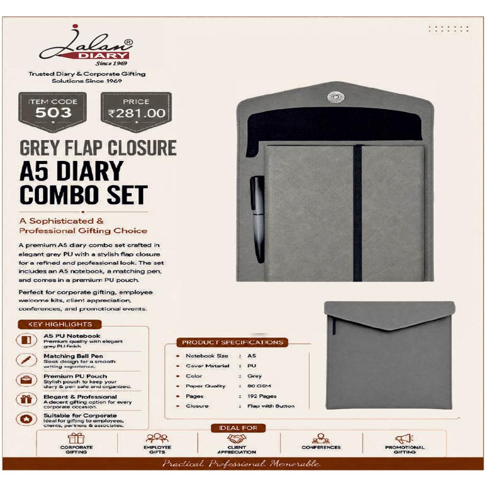 Jalan Item Code -503 Grey Flap Closure A5 Diary Comobo Set