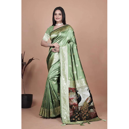 Elegant Sage Green Banarasi Silk Saree with Golden Zari Motifs and Peacock Pallu