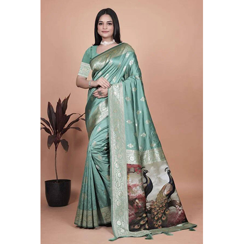Elegant Sea Green Silk Saree with Golden Zari and Peacock Motif Pallu