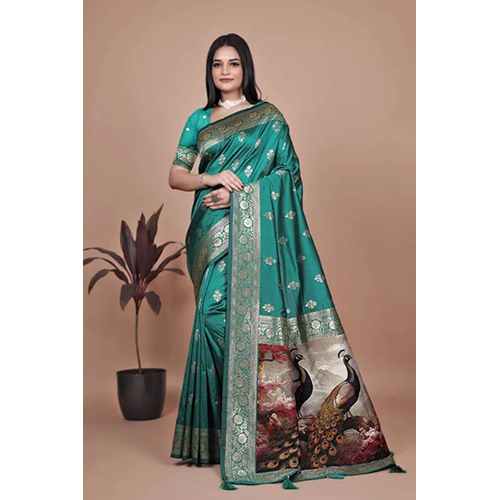 Emerald Green Banarasi Silk Saree with Golden Zari and Peacock Pallu