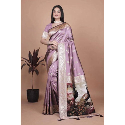 Lavender Banarasi Silk Saree with Golden Zari and Peacock Motif Pallu