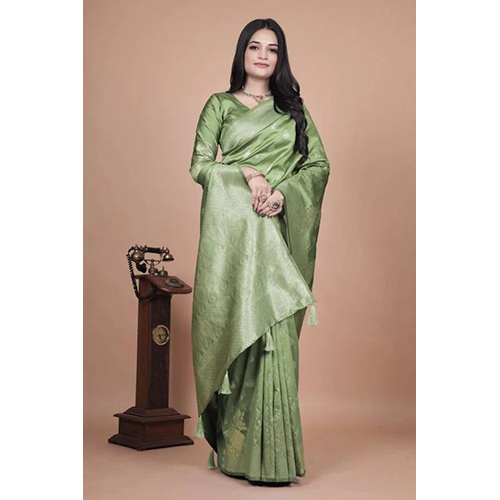 Lime Green Banarasi Silk Saree with Golden Zari and Peacock Motifs