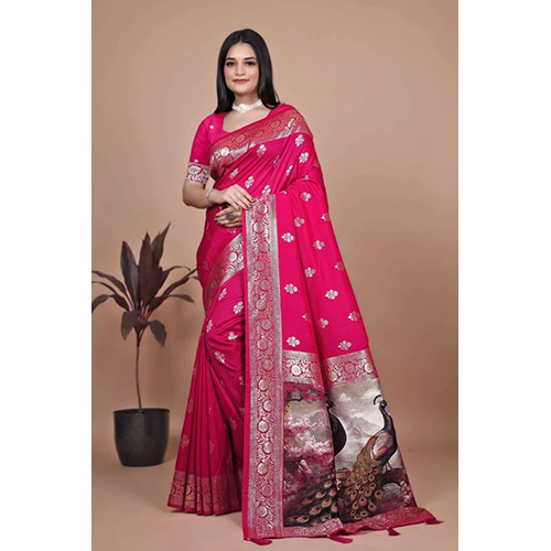 Majestic Magenta Silk Saree with Silver Zari and Twin Peacock Pallu
