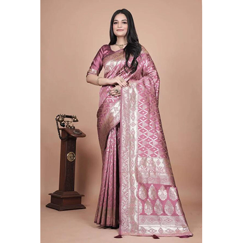 Mauve Banarasi Silk Saree with Silver Geometric and Floral Zari
