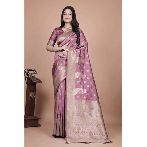 Mauve Purple Banarasi Silk Saree with Golden Zari and Peacock Motifs
