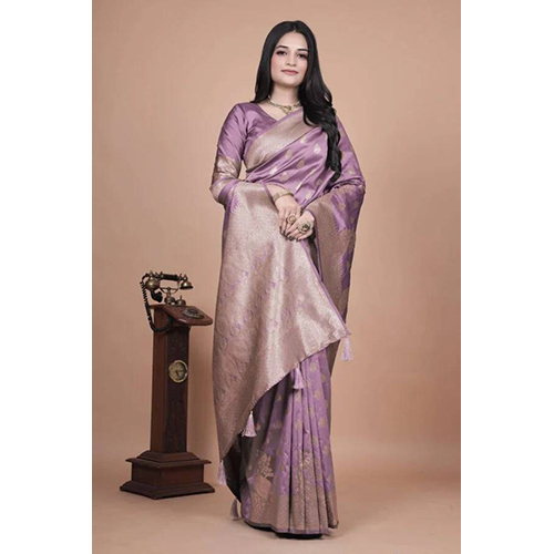 Lavender Banarasi Silk Saree with Golden Zari and Peacock Motifs