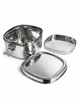 Glamware Heavy Clip Stainless Steel Square Lunch Box With Plate - Color: Silver