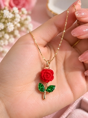 Gold-Tone Red Rose Pendant Necklace