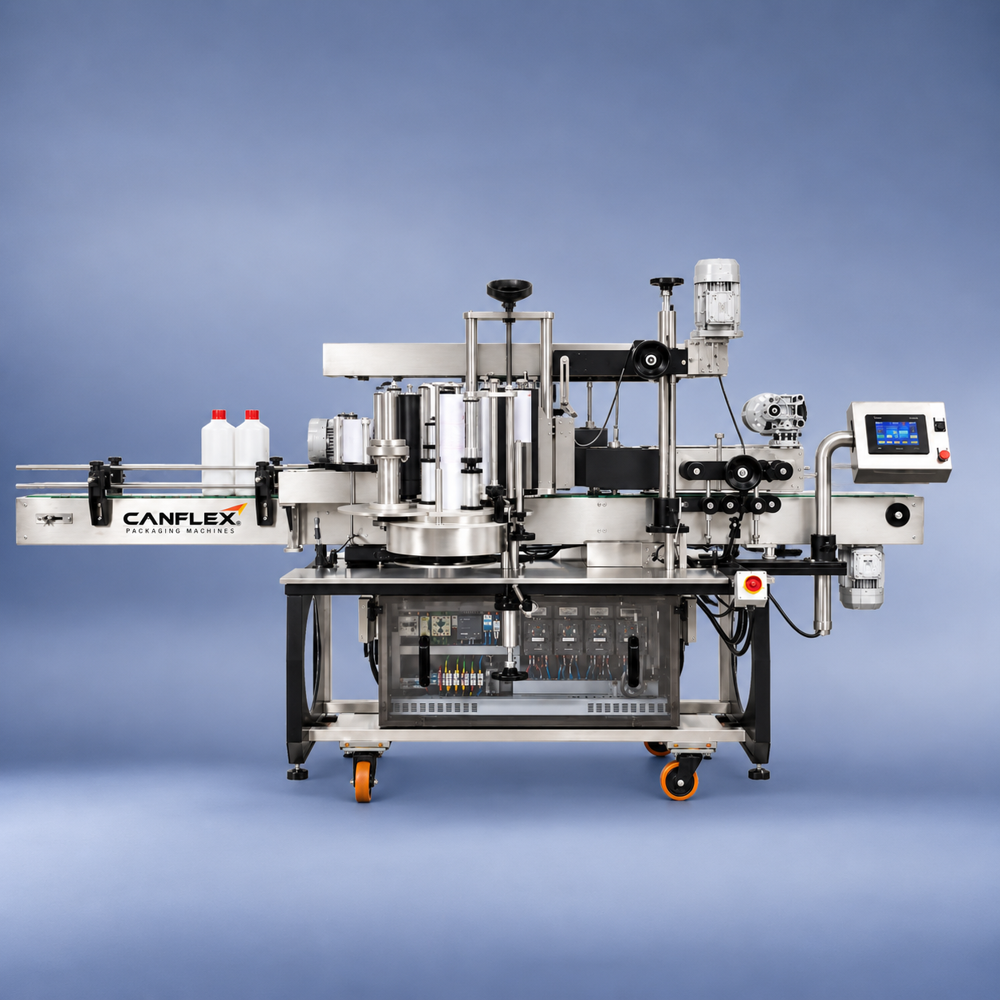 Sticker labelling machine for flat and round bottle