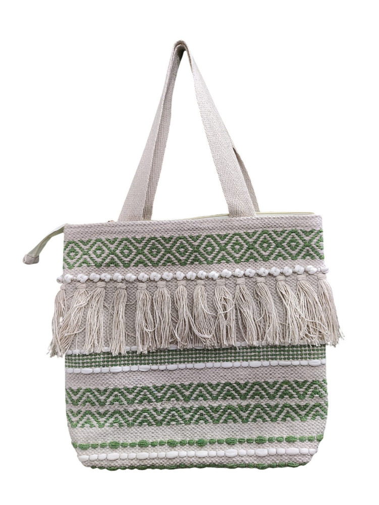 Olive Green And Off White Handwoven Cotton Tassel Tote Bag