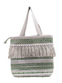 Olive Green And Off White Handwoven Cotton Tassel Tote Bag