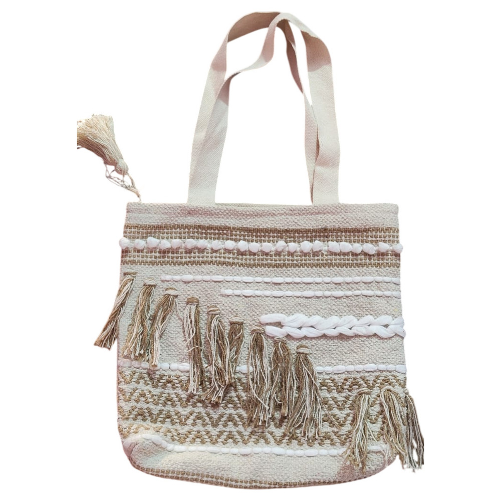 Beige Woven Boho Tote Bag