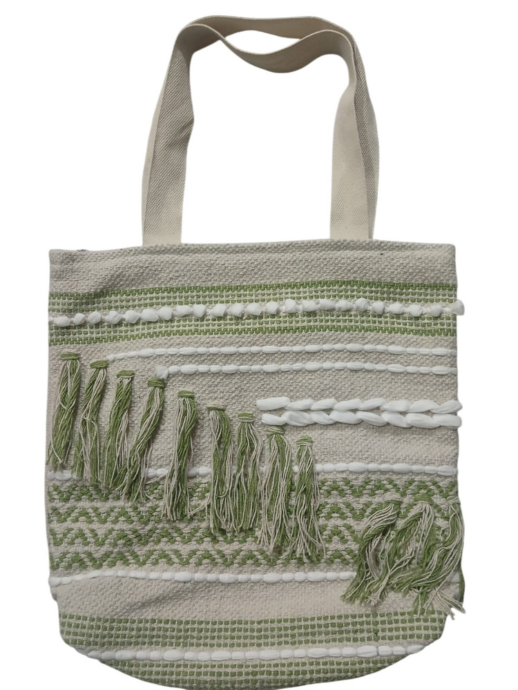 Beige And Green Boho Woven Cotton Tote Bag