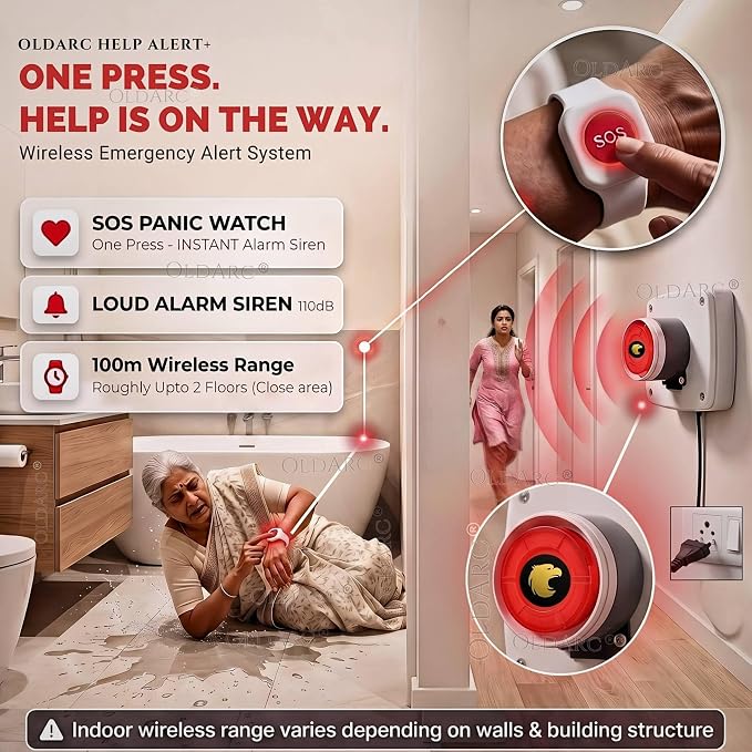 OldArc Help Alert +  RS4 Remote Panic Alarm Siren with SOS Watch  Panic Button for Elderly  50m Remote Control Alarm Siren  110dB Loud Emergency Alarm Wrist Watch Call Button for Old People Home