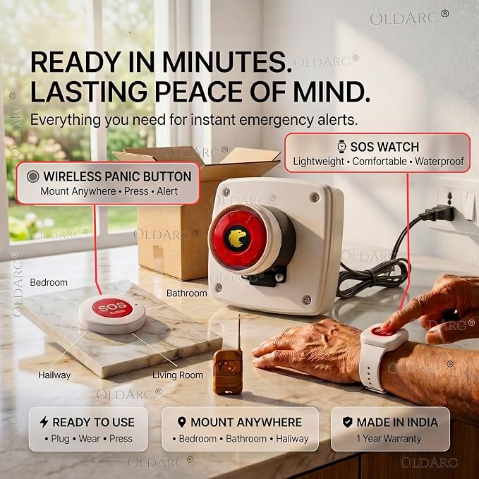 OldArc Help Alert +  RS4 Remote Panic Alarm Siren with SOS Watch  Panic Button for Elderly  50m Remote Control Alarm Siren  110dB Loud Emergency Alarm Wrist Watch Call Button for Old People Home