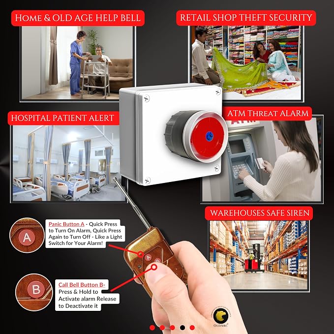 OldArc RS2 Remote Control Alarm Kit 2 Wireless Remote Alarm, Old Age People Panic Alarm Button  Dual Mode   Remote Panic Alarm  Call Bell 300m Loud Hooter Emergency Siren for Home Dukaan Jewellery