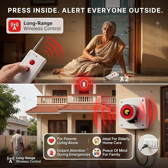 OldArc RS2 Pro Remote Control Panic Alarm | 300m Long Range Remote Siren Hooter | 2 Remote | Emergency Call Panic Button for Elderly & Society Security Guard | Wireless SOS Loud Alarm for Home.