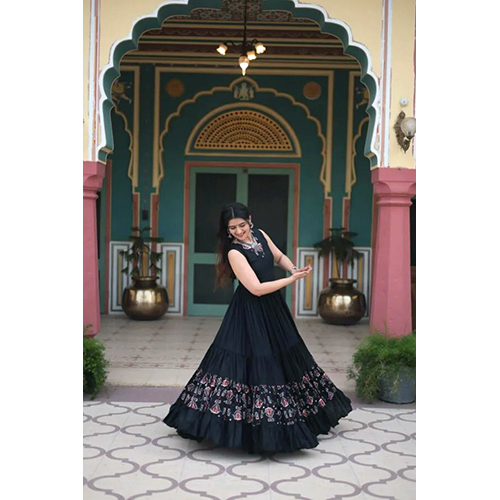 Black Designer Heavy Reyon Gown with Printed Frill & Fancy V-Neck