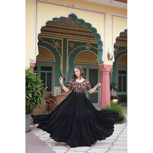 Black Elegant Kutchi Gamthi Work Reyon Gown with Heavy Flair