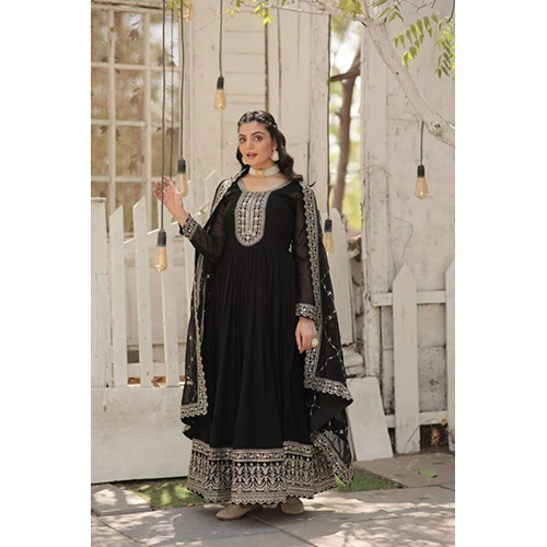 Black Faux Blooming Sequins Embroidered Gown with Matching Dupatta