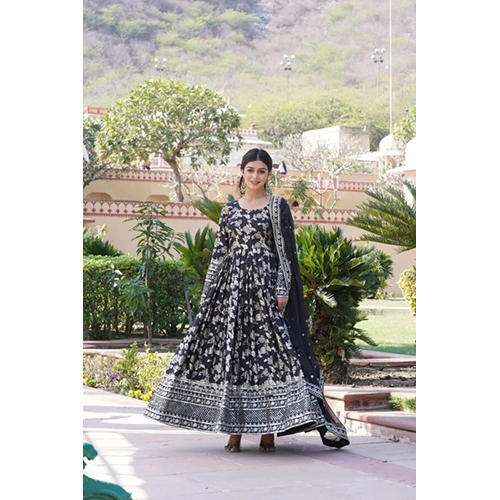 Black Viscose Dyable Jacquard Gown with Russian Silk Sequined Dupatta