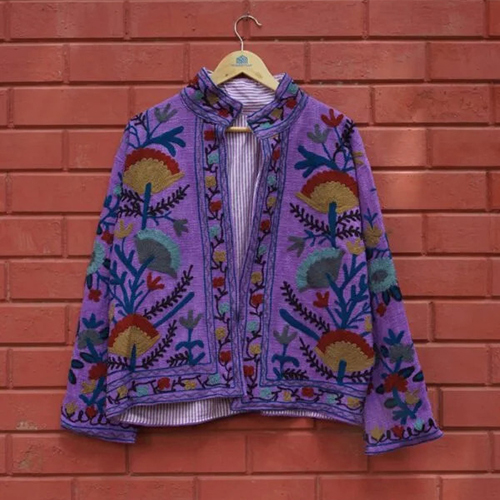 Womens Dark Purple Velvet Embroidered Jacket with Floral Design