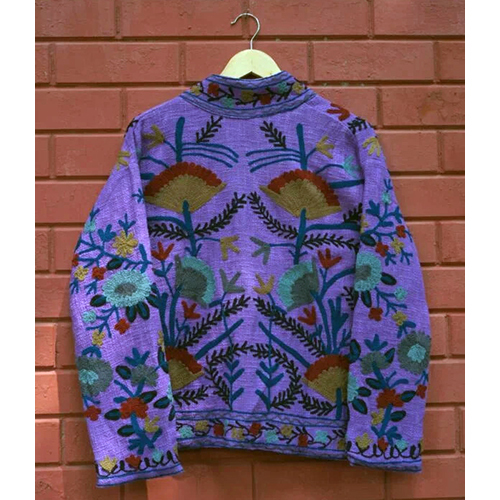 Womens Dark Purple Velvet Embroidered Jacket with Floral Design