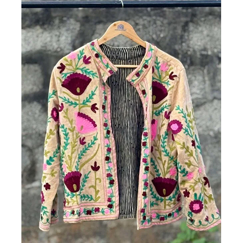 Womens Light Beige Velvet Embroidered Jacket with Floral Design