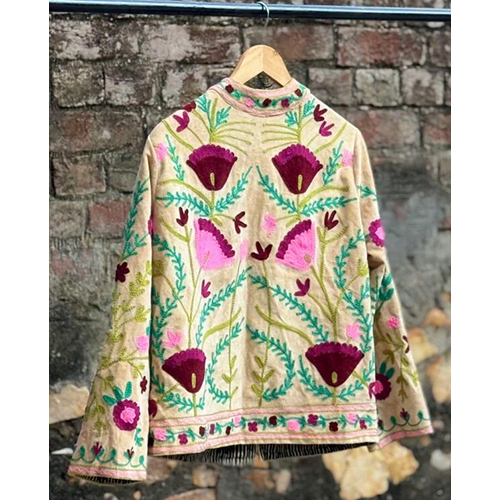 Womens Light Beige Velvet Embroidered Jacket with Floral Design