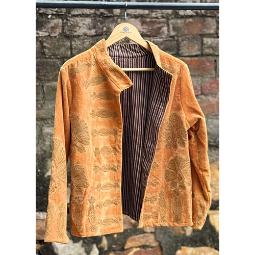 Womens Gold Velvet Embroidered Jacket with Floral Design