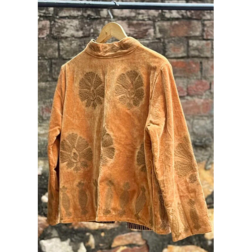 Womens Gold Velvet Embroidered Jacket with Floral Design
